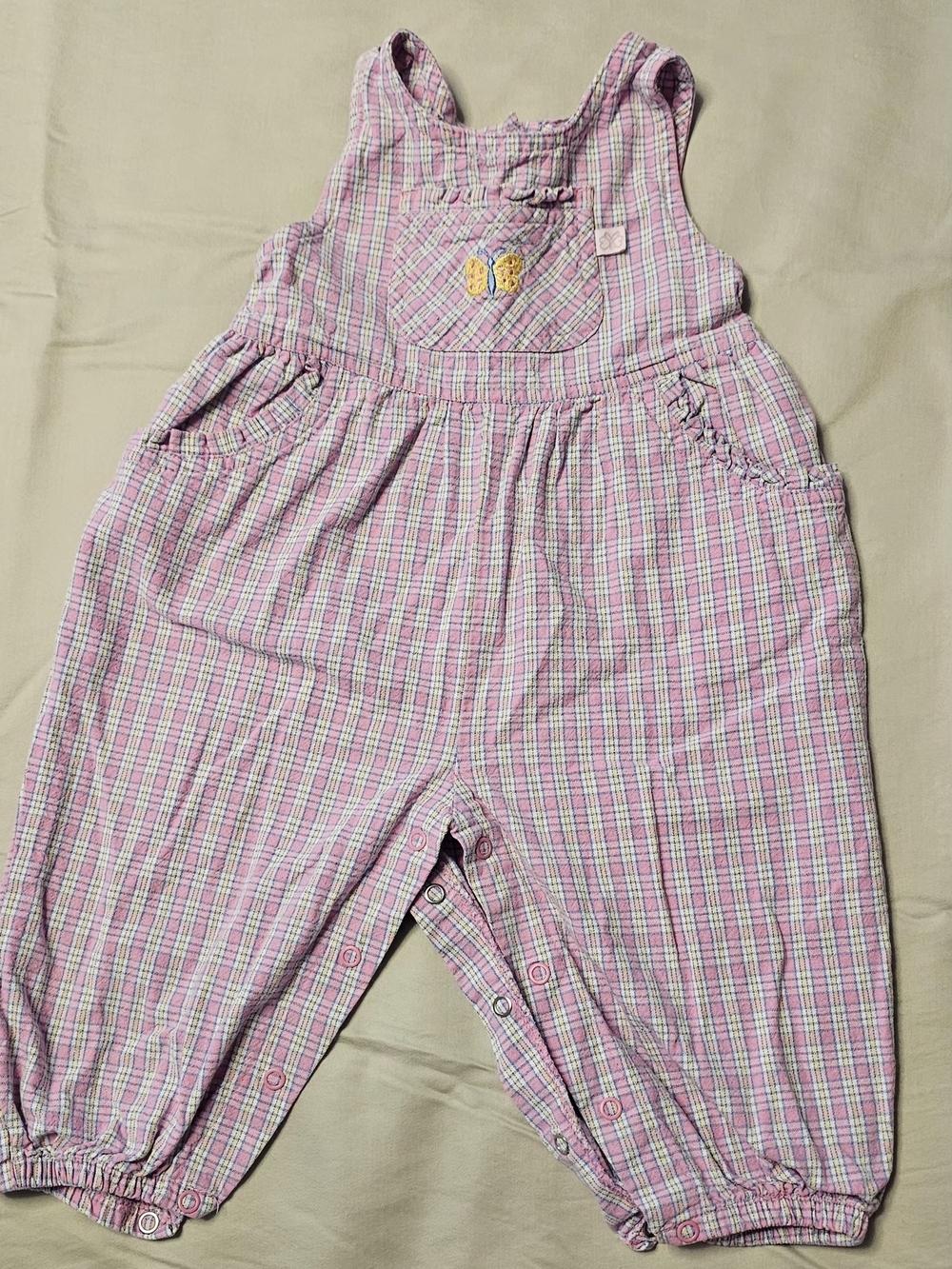 McKids 90's Pink Plaid Baby Overalls with Butterfly Detail